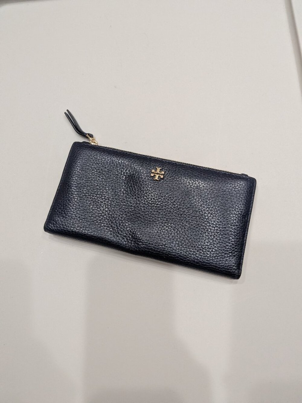 Tory Burch Black Pebbled Leather Continental Wallet Brown Interior Gold Logo